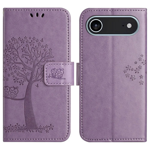 For iPhone Air Case PU Leather Owl Tree Imprinted Wallet Phone Cover with Strap - Purple - 1