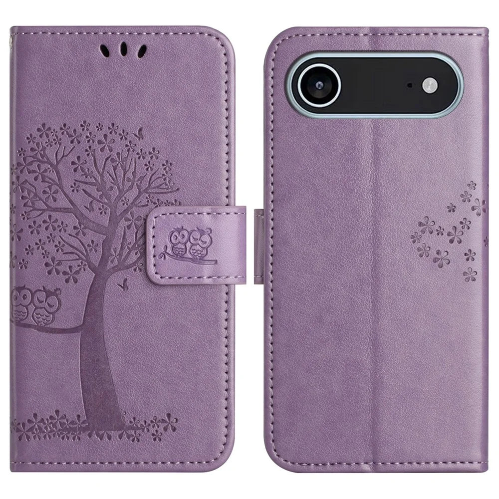 For iPhone Air Case PU Leather Owl Tree Imprinted Wallet Phone Cover with Strap - Purple - 1