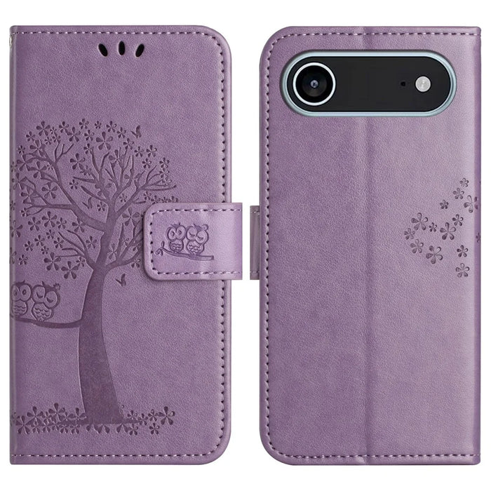 For iPhone Air Case PU Leather Owl Tree Imprinted Wallet Phone Cover with Strap - Purple - 1