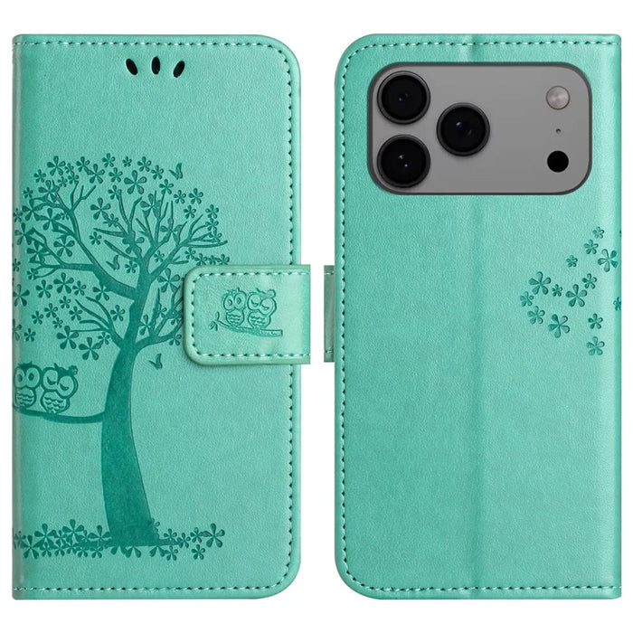 For iPhone 18 Pro Max / 17 Pro Max Case PU Leather Owl Tree Imprinted Wallet Phone Cover with Strap - Cyan - 1