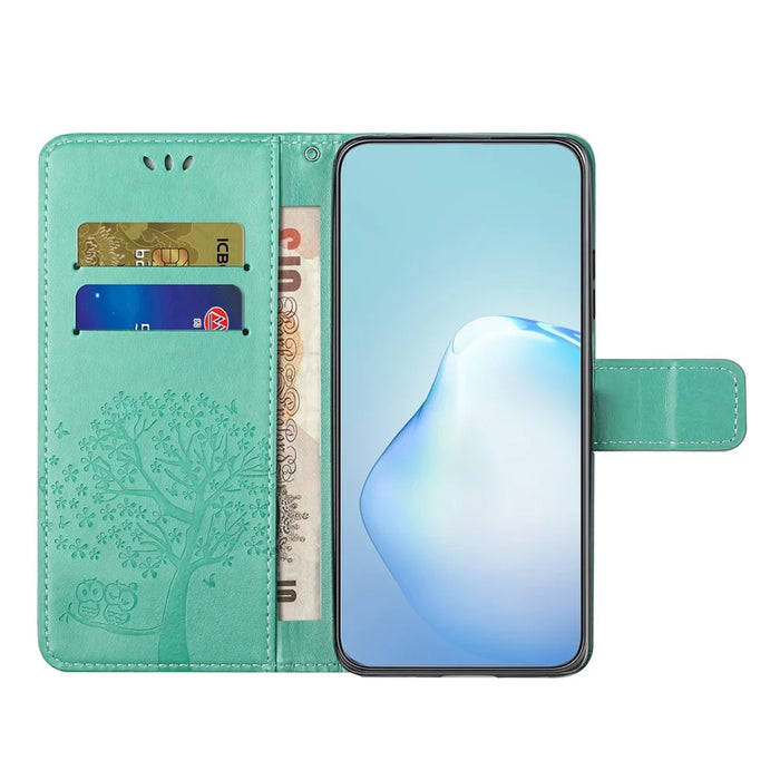 For iPhone 18 Pro Max / 17 Pro Max Case PU Leather Owl Tree Imprinted Wallet Phone Cover with Strap - Cyan - 3