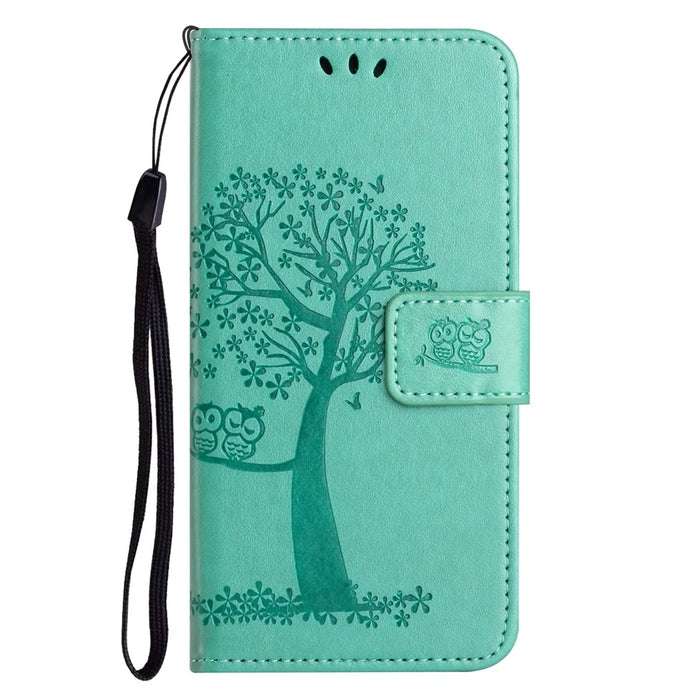 For iPhone 18 Pro Max / 17 Pro Max Case PU Leather Owl Tree Imprinted Wallet Phone Cover with Strap - Cyan - 4
