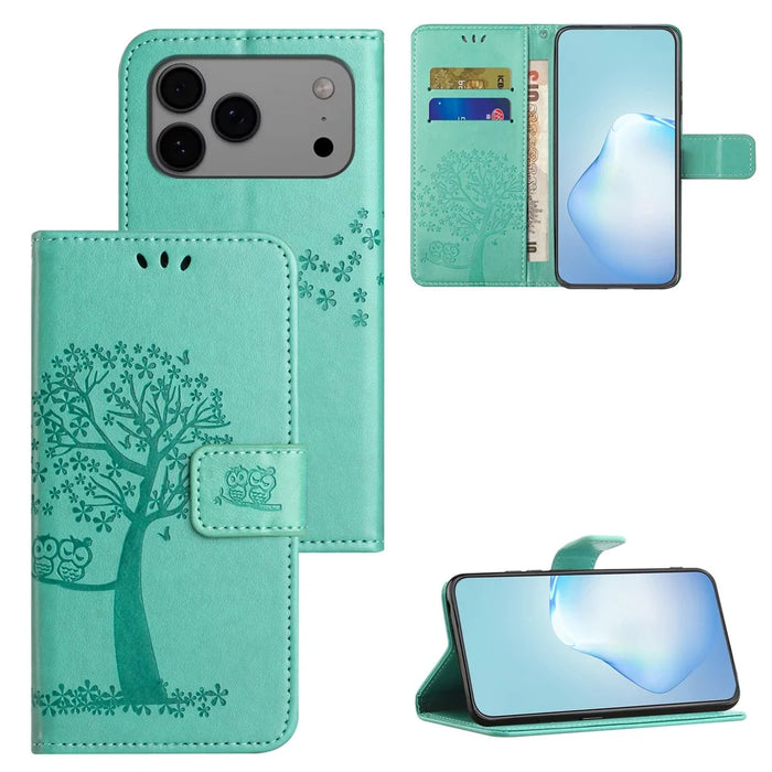 For iPhone 18 Pro Max / 17 Pro Max Case PU Leather Owl Tree Imprinted Wallet Phone Cover with Strap - Cyan - 6