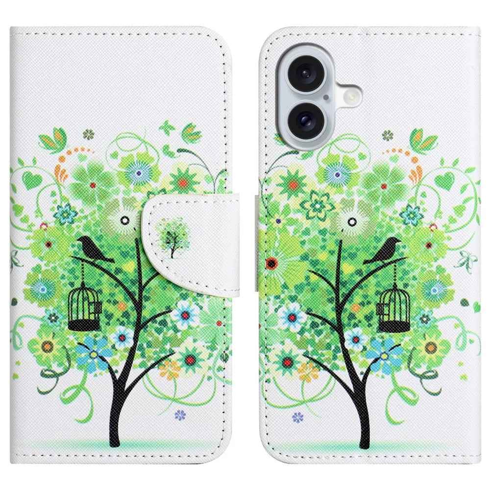 For iPhone 17 Case Pattern Printing Cross Texture Leather Phone Cover - Green Tree - 1