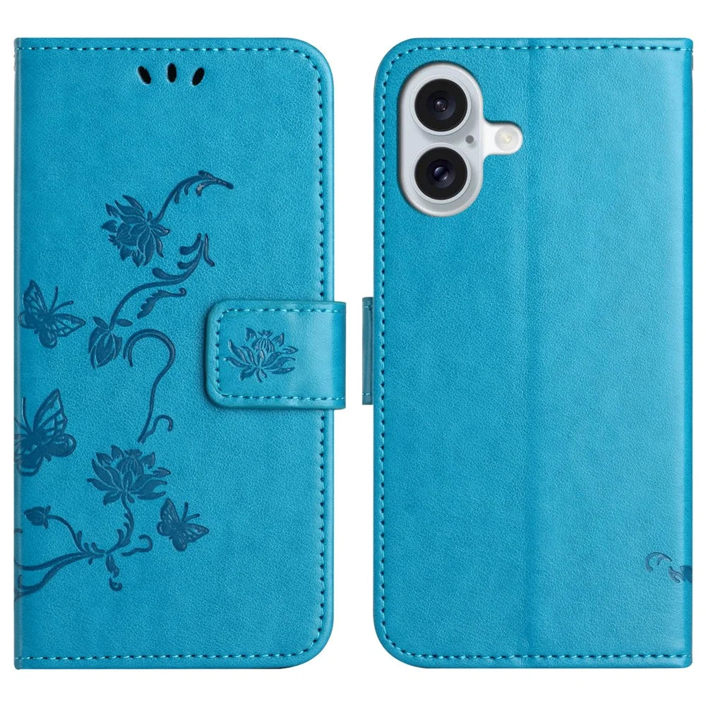 For iPhone 17 Case Wallet Stand Imprinted Butterfly Flower PU Leather Phone Cover - Blue - 1