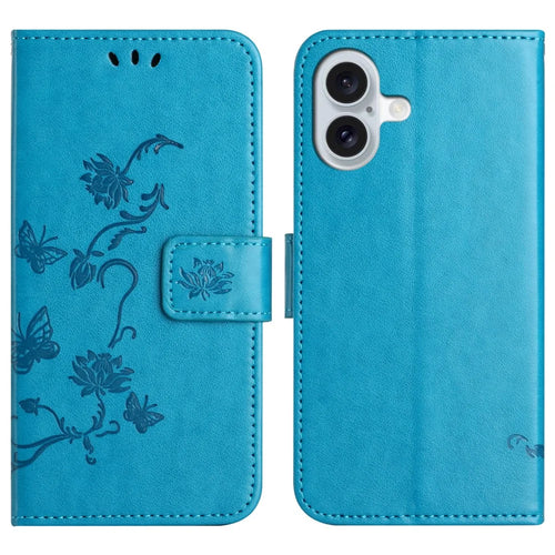 For iPhone 17 Case Wallet Stand Imprinted Butterfly Flower PU Leather Phone Cover - Blue - 1