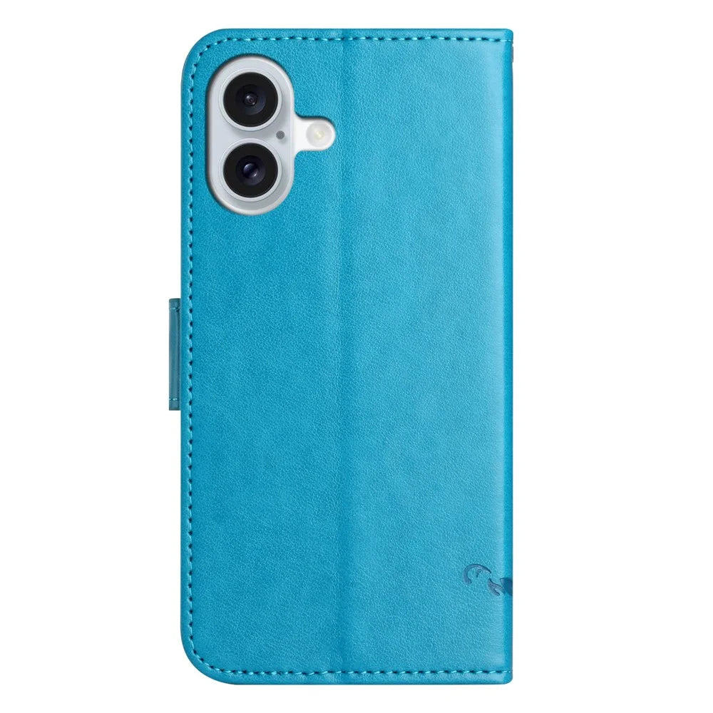 For iPhone 17 Case Wallet Stand Imprinted Butterfly Flower PU Leather Phone Cover - Blue - 5