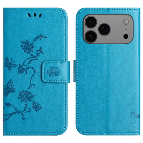 For iPhone 18 Pro / 17 Pro Case Wallet Stand Imprinted Butterfly Flower PU Leather Phone Cover - Blue - 1