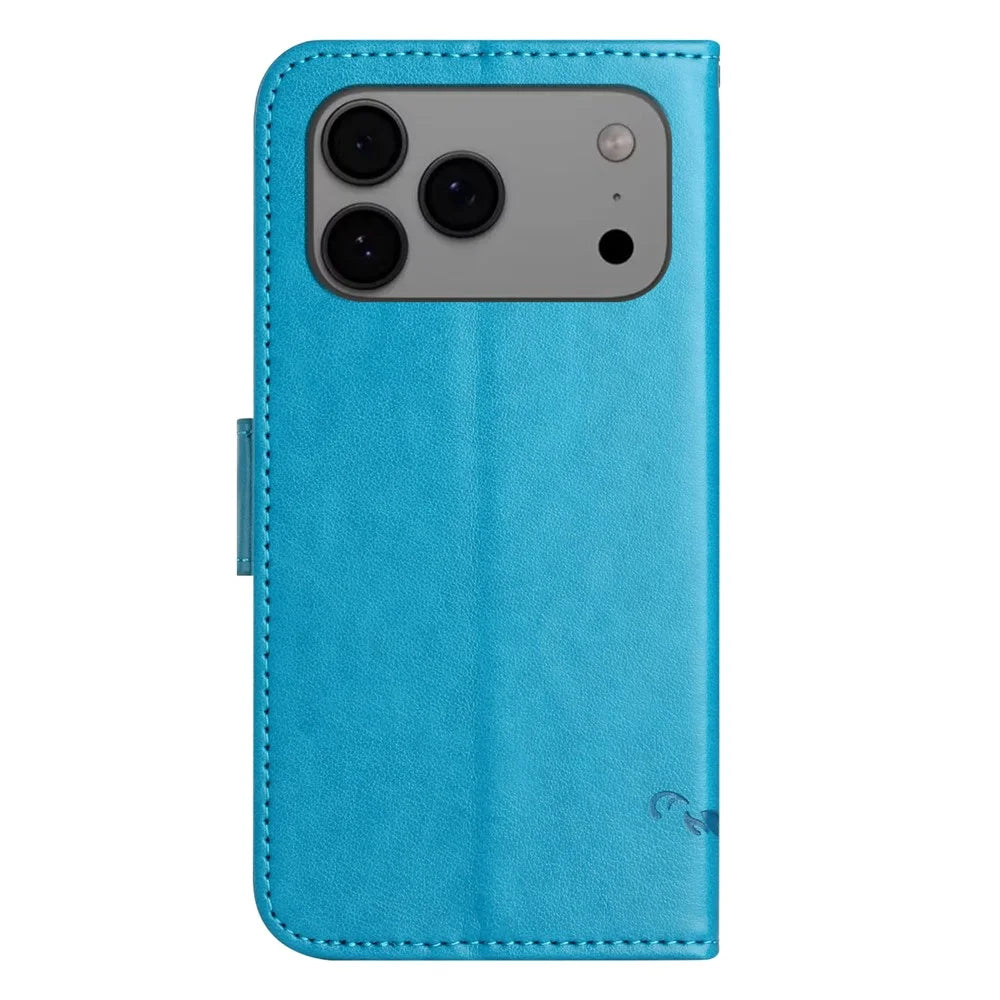 For iPhone 18 Pro / 17 Pro Case Wallet Stand Imprinted Butterfly Flower PU Leather Phone Cover - Blue - 5