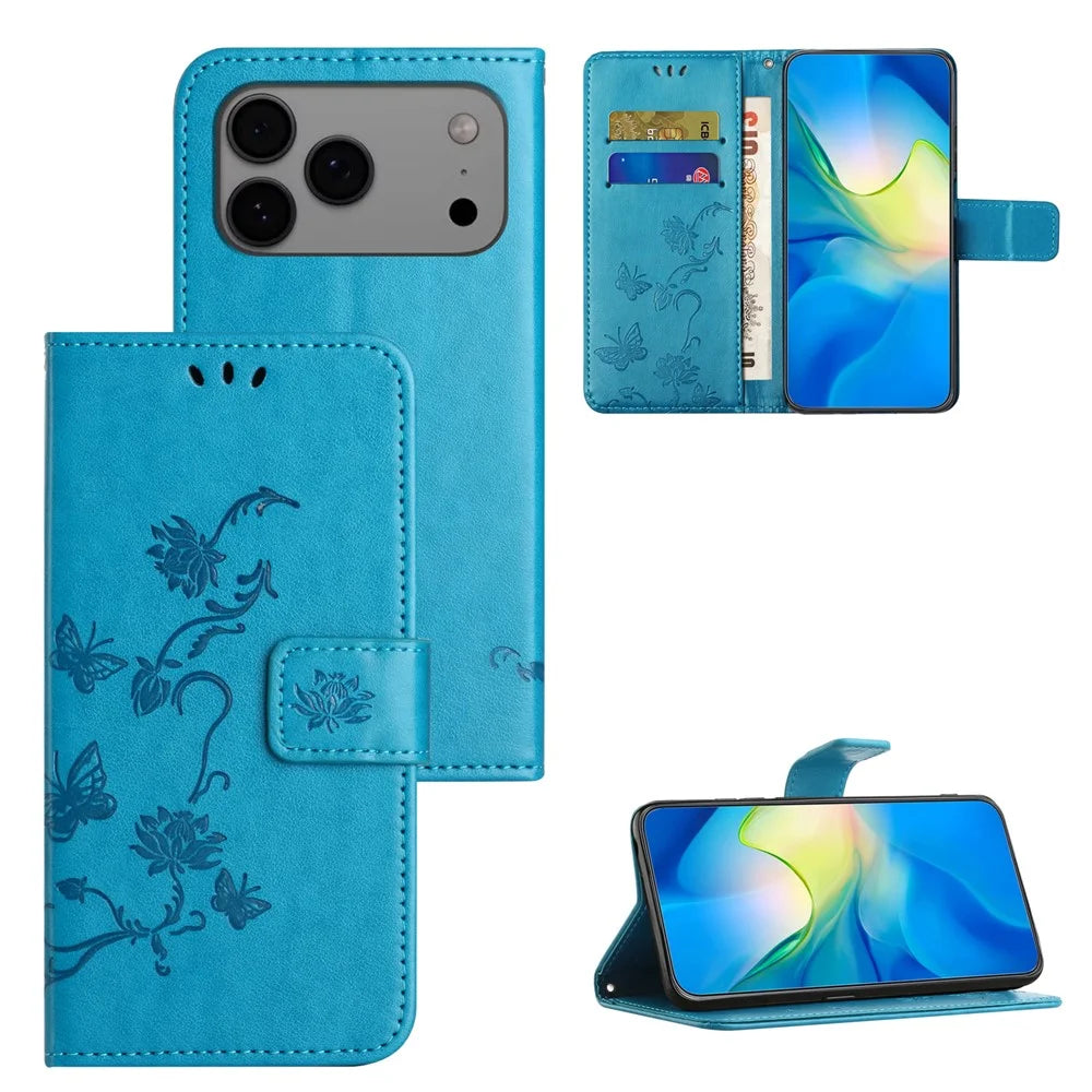 For iPhone 18 Pro / 17 Pro Case Wallet Stand Imprinted Butterfly Flower PU Leather Phone Cover - Blue - 6