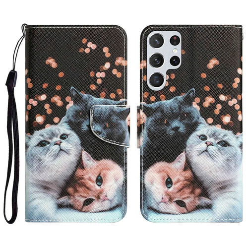 For Samsung Galaxy S23 Ultra Cross Texture Anti-scratch PU Leather Case Pattern Printing Stand Wallet Phone Cover - Three Cats - 1