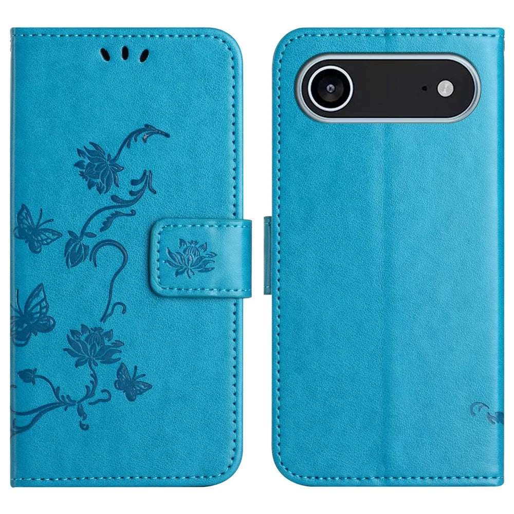 For iPhone Air Case Wallet Stand Imprinted Butterfly Flower PU Leather Phone Cover - Blue - 1