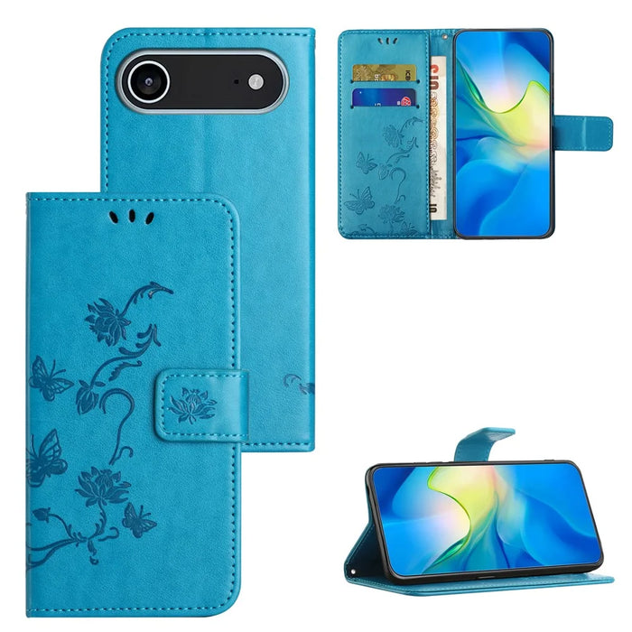 For iPhone Air Case Wallet Stand Imprinted Butterfly Flower PU Leather Phone Cover - Blue - 6