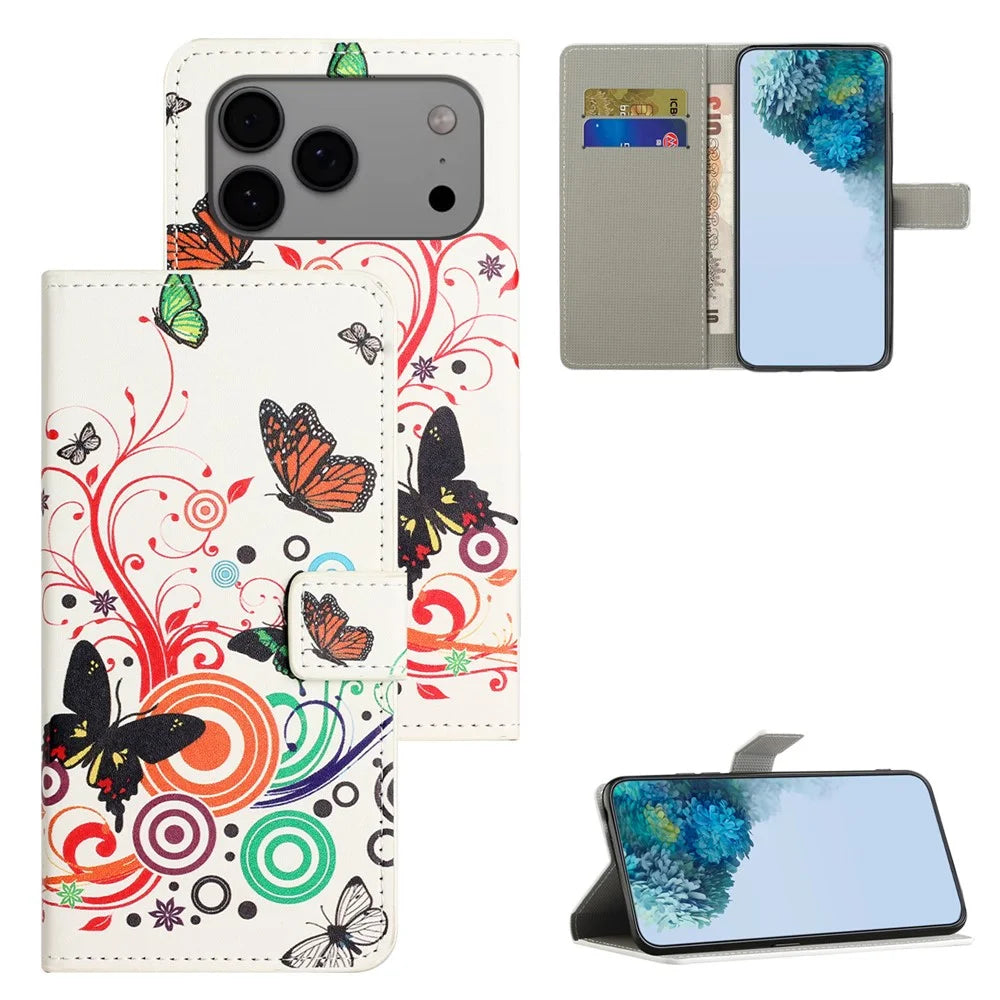 For iPhone 18 Pro / 17 Pro Case Pattern Print PU Leather Wallet Phone Cover - White Butterfly - 6