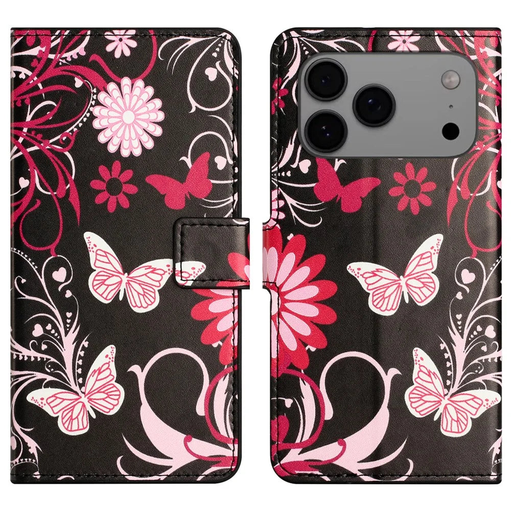 For iPhone 18 Pro Max / 17 Pro Max Case Pattern Print PU Leather Wallet Phone Cover - Black Butterfly - 1