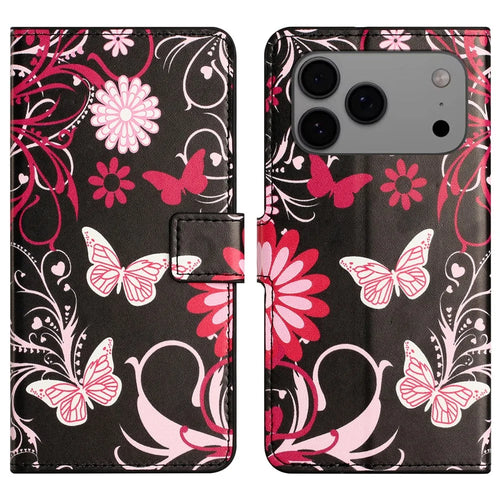 For iPhone 18 Pro Max / 17 Pro Max Case Pattern Print PU Leather Wallet Phone Cover - Black Butterfly - 1