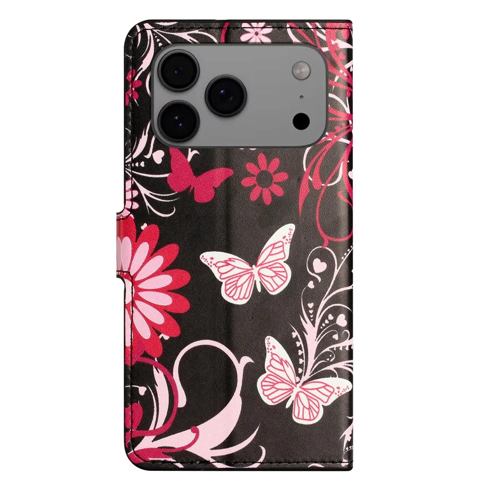 For iPhone 18 Pro Max / 17 Pro Max Case Pattern Print PU Leather Wallet Phone Cover - Black Butterfly - 5