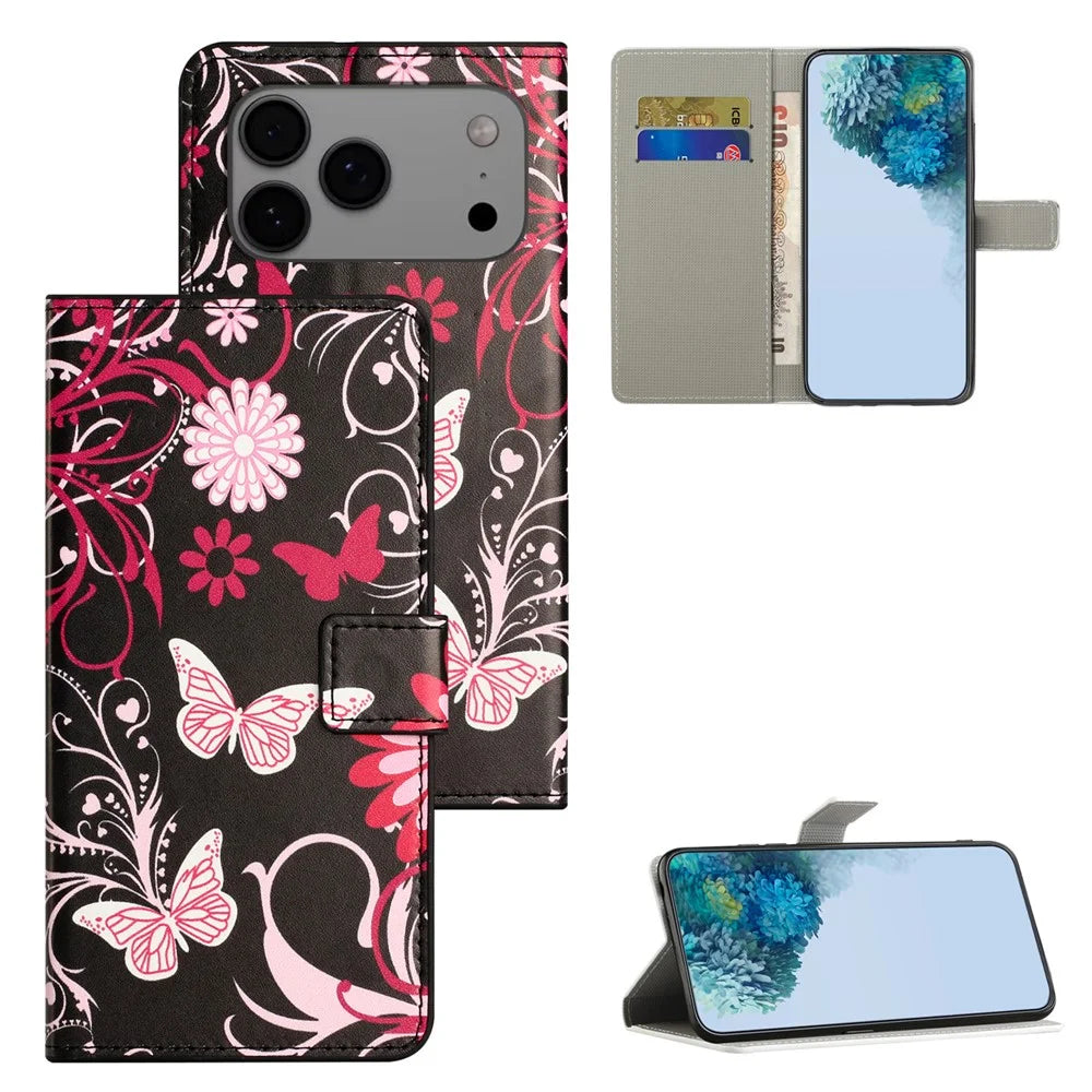For iPhone 18 Pro Max / 17 Pro Max Case Pattern Print PU Leather Wallet Phone Cover - Black Butterfly - 6