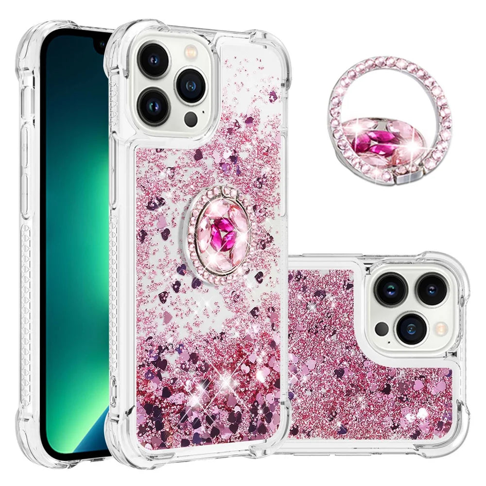 For iPhone 14 Pro TPU Case with Kickstand Quicksand Shockproof Cover - Rose Gold / Hearts - 1