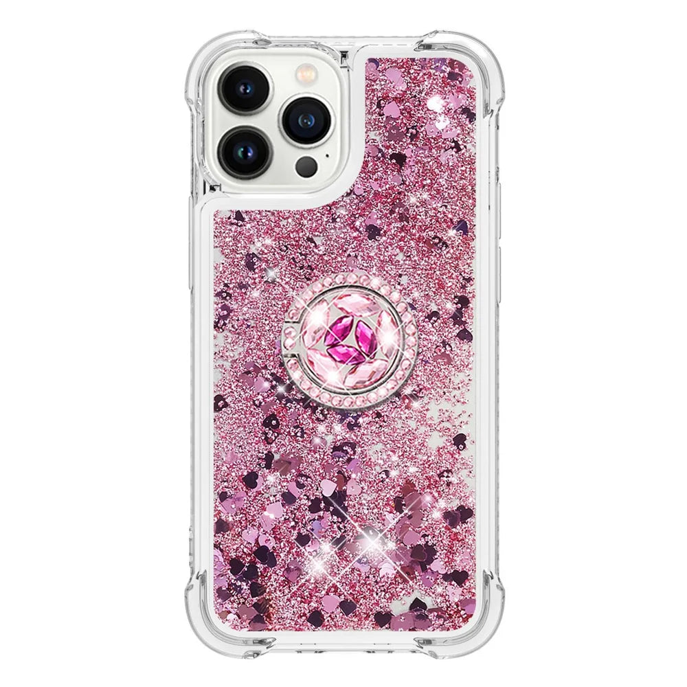 For iPhone 14 Pro TPU Case with Kickstand Quicksand Shockproof Cover - Rose Gold / Hearts - 2