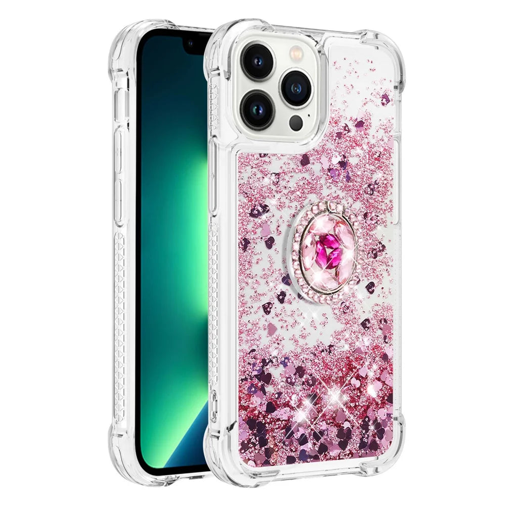 For iPhone 14 Pro TPU Case with Kickstand Quicksand Shockproof Cover - Rose Gold / Hearts - 3