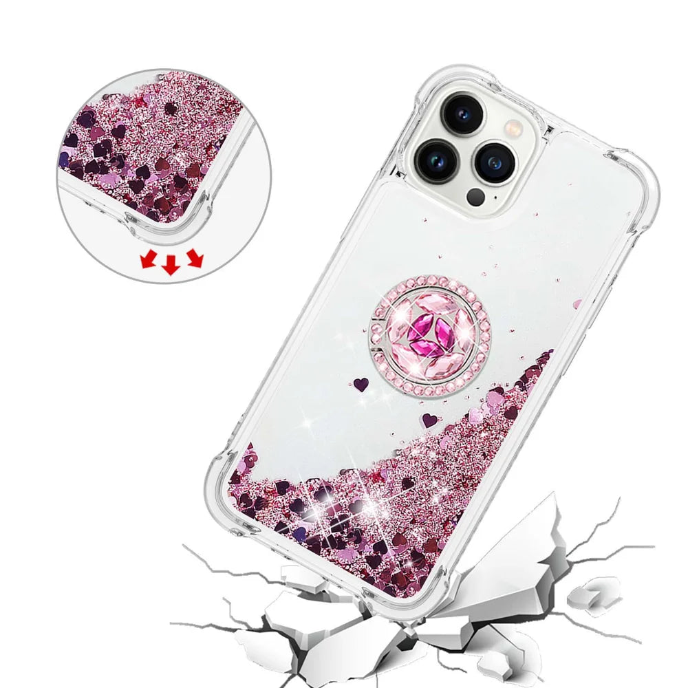 For iPhone 14 Pro TPU Case with Kickstand Quicksand Shockproof Cover - Rose Gold / Hearts - 5