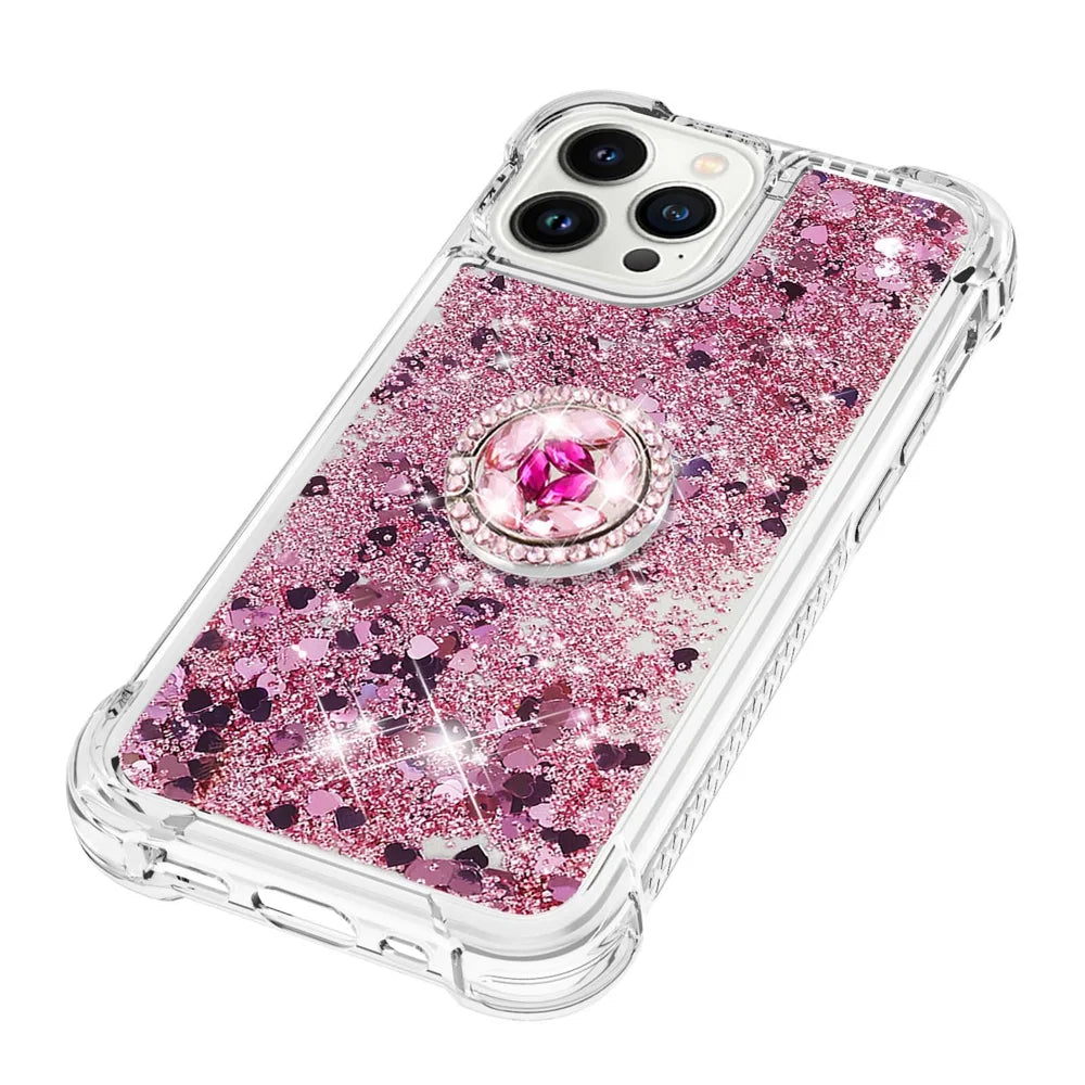 For iPhone 14 Pro TPU Case with Kickstand Quicksand Shockproof Cover - Rose Gold / Hearts - 6