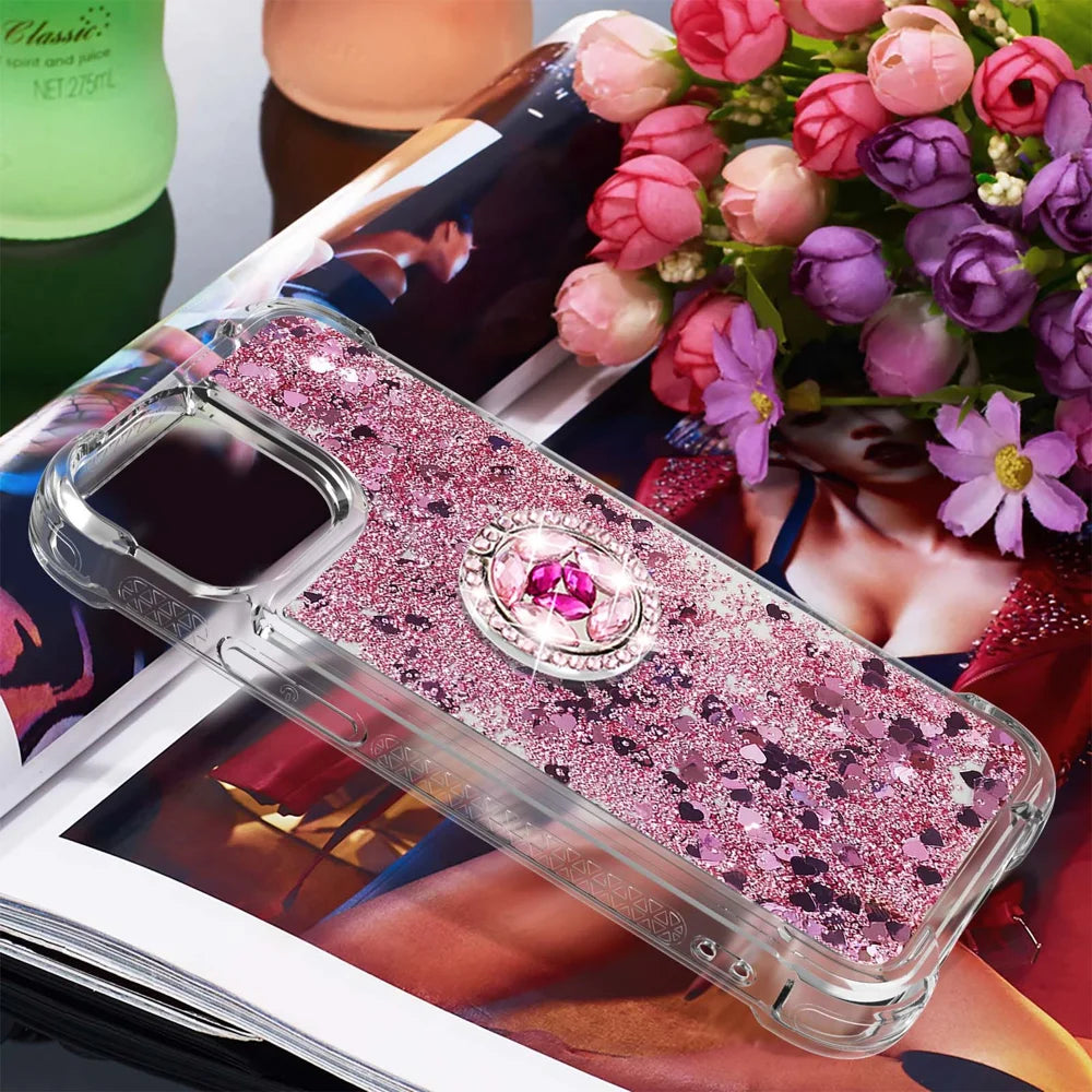 For iPhone 14 Pro TPU Case with Kickstand Quicksand Shockproof Cover - Rose Gold / Hearts - 7