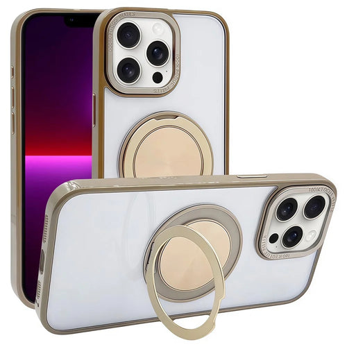 For iPhone 13 Pro Max Magnetic Case Acrylic TPU Phone Back Cover with Kickstand - Desert Gold - 1
