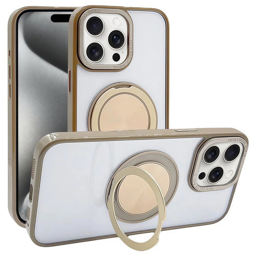For iPhone 15 Pro Magnetic Case Acrylic TPU Phone Back Cover with Kickstand - Desert Gold - 1