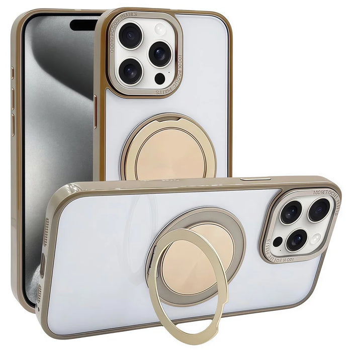 For iPhone 15 Pro Magnetic Case Acrylic TPU Phone Back Cover with Kickstand - Desert Gold - 1