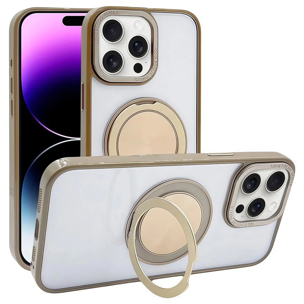 For iPhone 14 Pro Magnetic Case Acrylic TPU Phone Back Cover with Kickstand - Desert Gold - 1