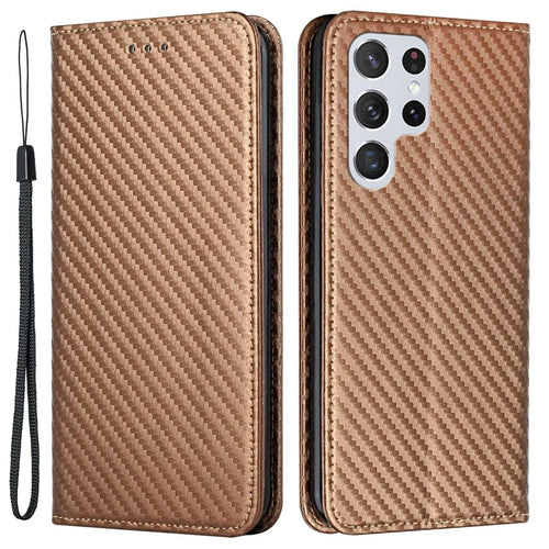 For Samsung Galaxy S23 Ultra Carbon Fiber Texture PU Leather Wallet Flip Cover Stand Magnetic Absorption Phone Case with Wrist Strap - Brown - 1