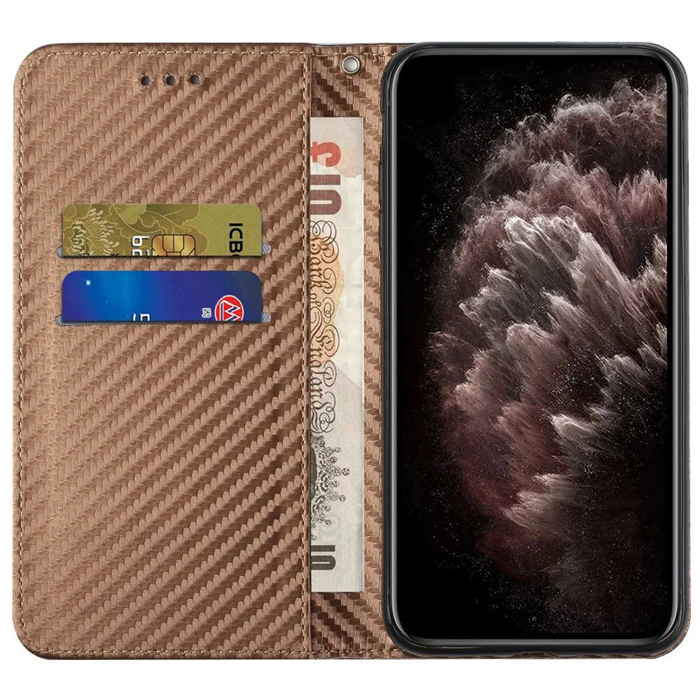For Samsung Galaxy S23 Ultra Carbon Fiber Texture PU Leather Wallet Flip Cover Stand Magnetic Absorption Phone Case with Wrist Strap - Brown - 2