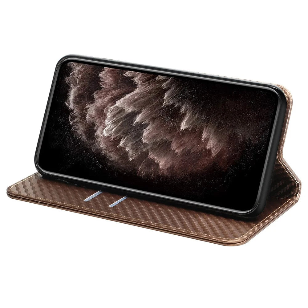 For Samsung Galaxy S23 Ultra Carbon Fiber Texture PU Leather Wallet Flip Cover Stand Magnetic Absorption Phone Case with Wrist Strap - Brown - 3