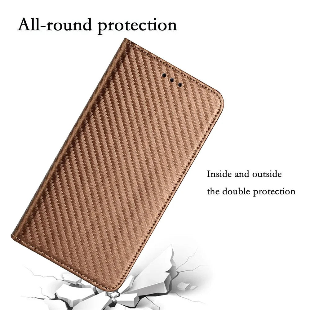 For Samsung Galaxy S23 Ultra Carbon Fiber Texture PU Leather Wallet Flip Cover Stand Magnetic Absorption Phone Case with Wrist Strap - Brown - 5