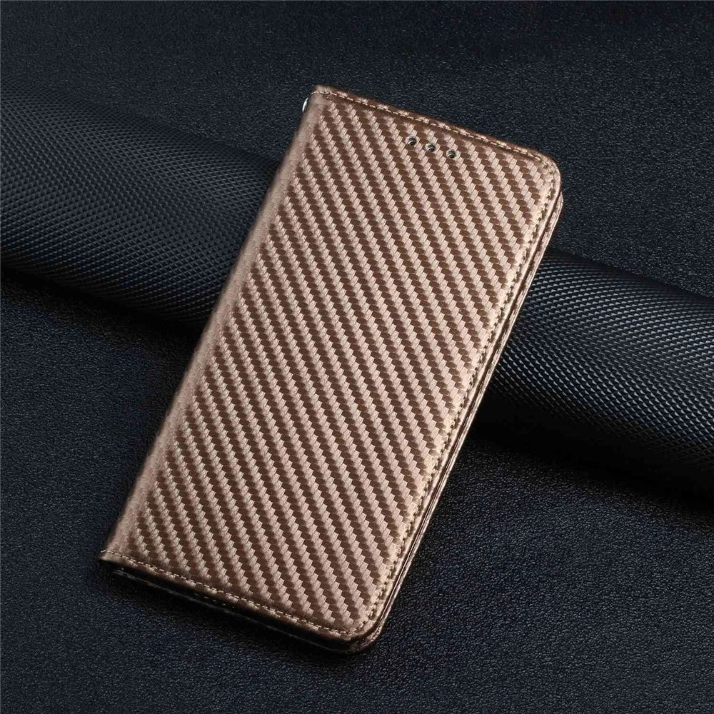 For Samsung Galaxy S23 Ultra Carbon Fiber Texture PU Leather Wallet Flip Cover Stand Magnetic Absorption Phone Case with Wrist Strap - Brown - 6