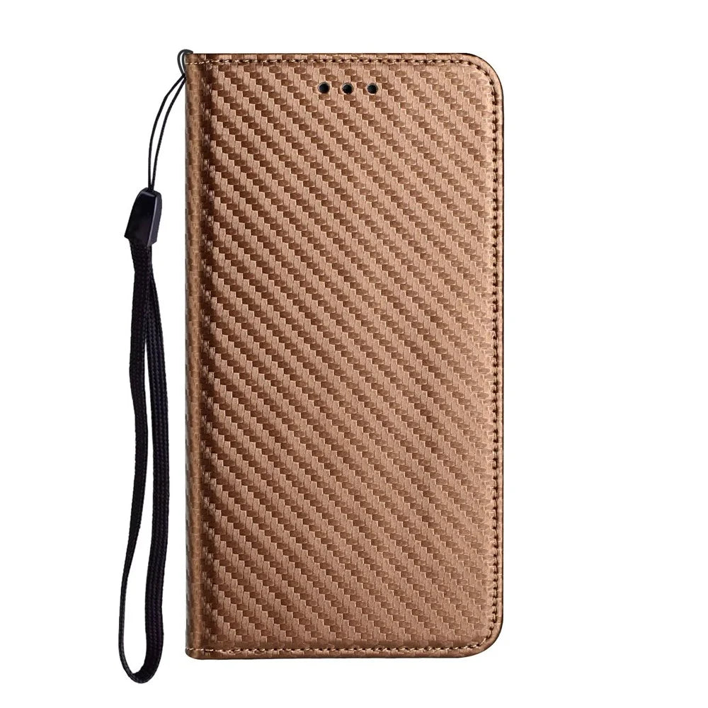 For Samsung Galaxy S23 Ultra Carbon Fiber Texture PU Leather Wallet Flip Cover Stand Magnetic Absorption Phone Case with Wrist Strap - Brown - 7