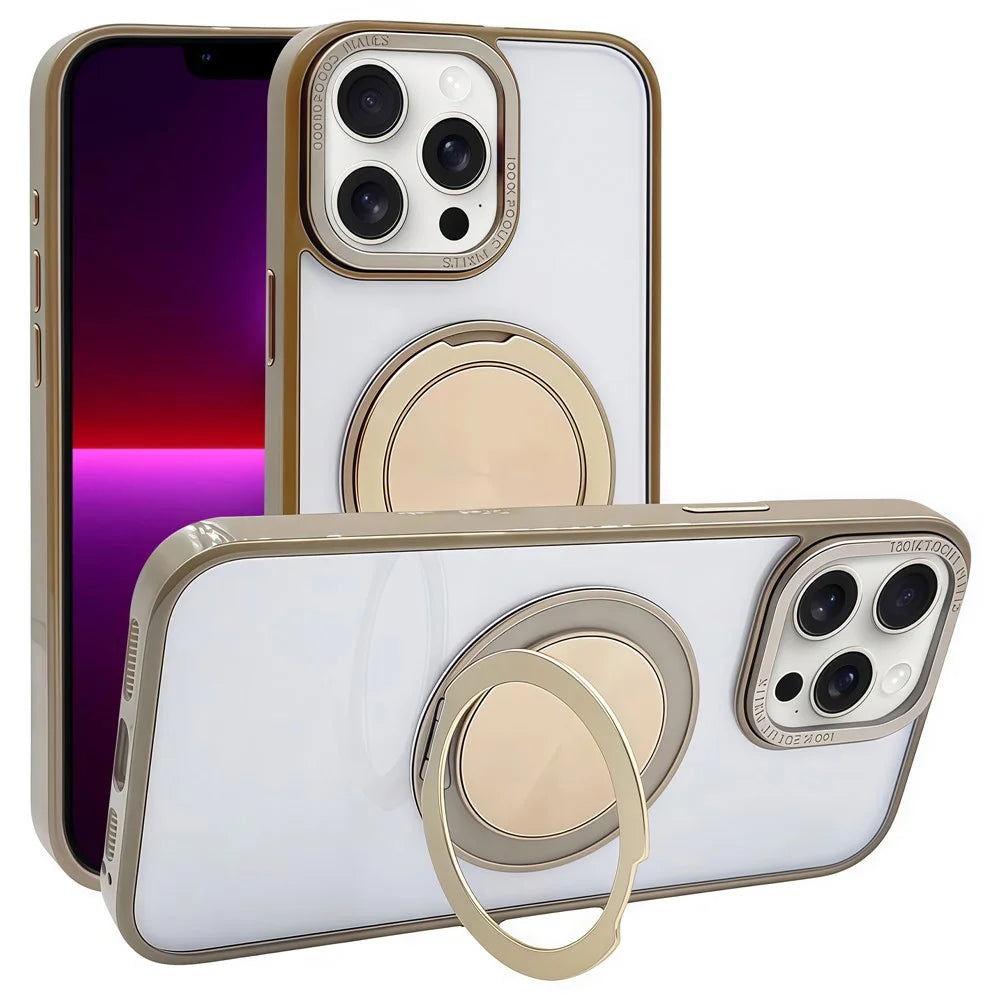 For iPhone 13 Pro Magnetic Case Acrylic TPU Phone Back Cover with Kickstand - Desert Gold - 1