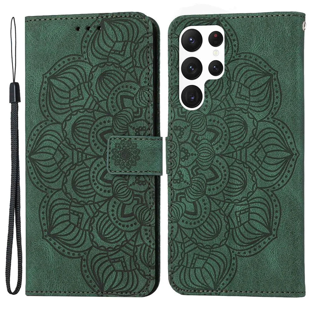 For Samsung Galaxy S23 Ultra PU Leather Soft TPU Folio Flip Cover Imprinted Mandala Flower Wallet Phone Case with Strap - Green - 1