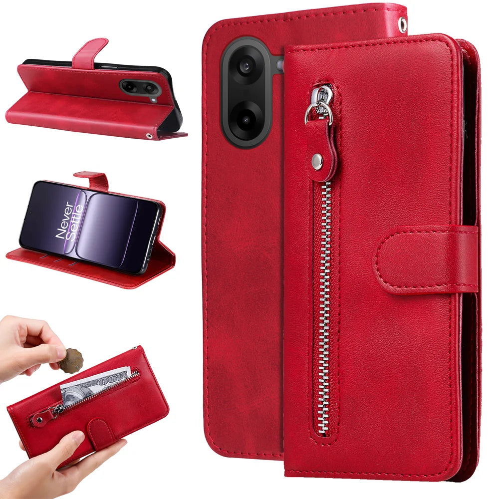 For OnePlus Ace 5 Racing 5G / OnePlus Nord CE5 5G PU Leather Cases with Zipper Pocket Wallet Phone Cover Stand - Red - 2