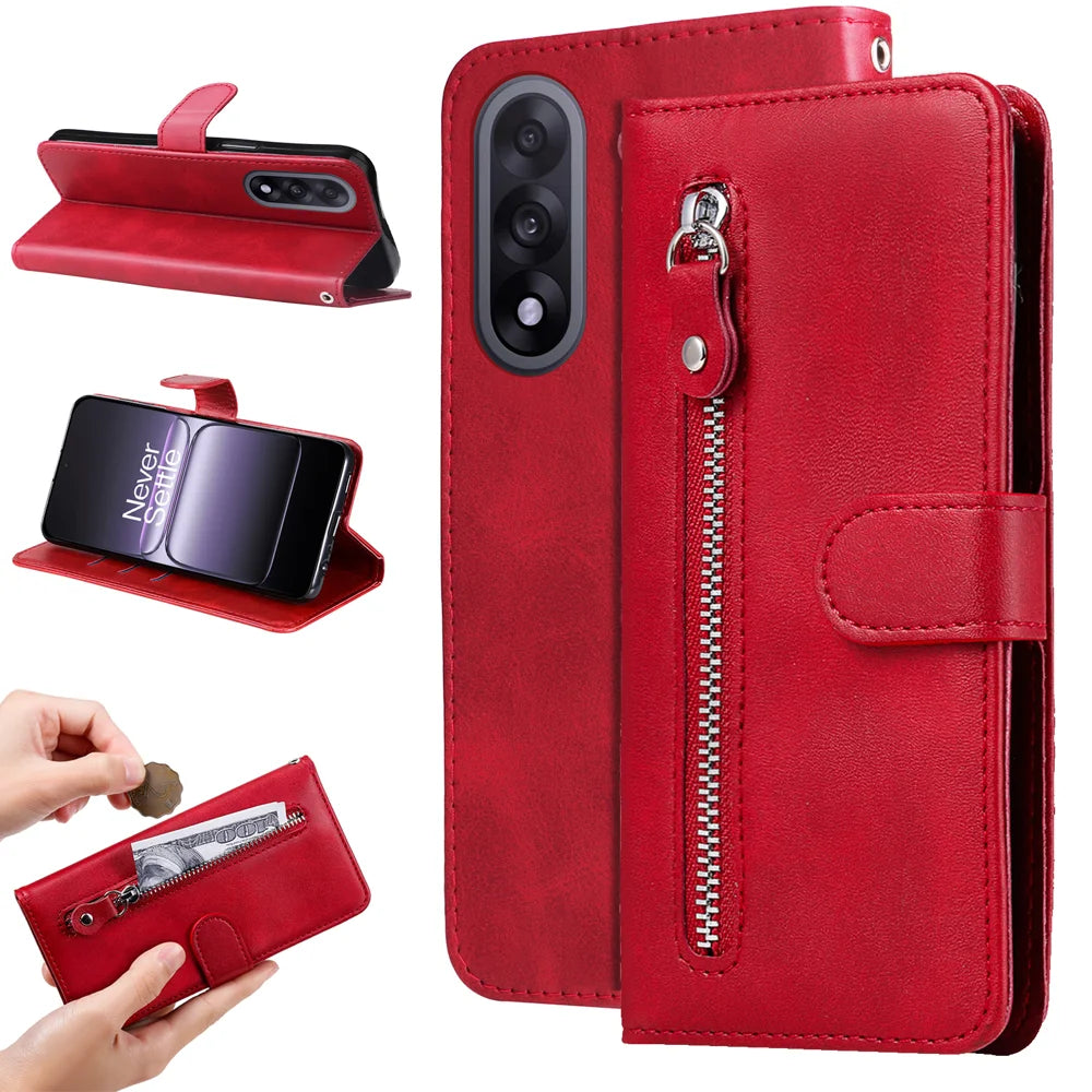 For OnePlus Ace 5 Ultra 5G / OnePlus Nord 5 5G PU Leather Cases with Zipper Pocket Wallet Phone Cover Stand - Red - 2