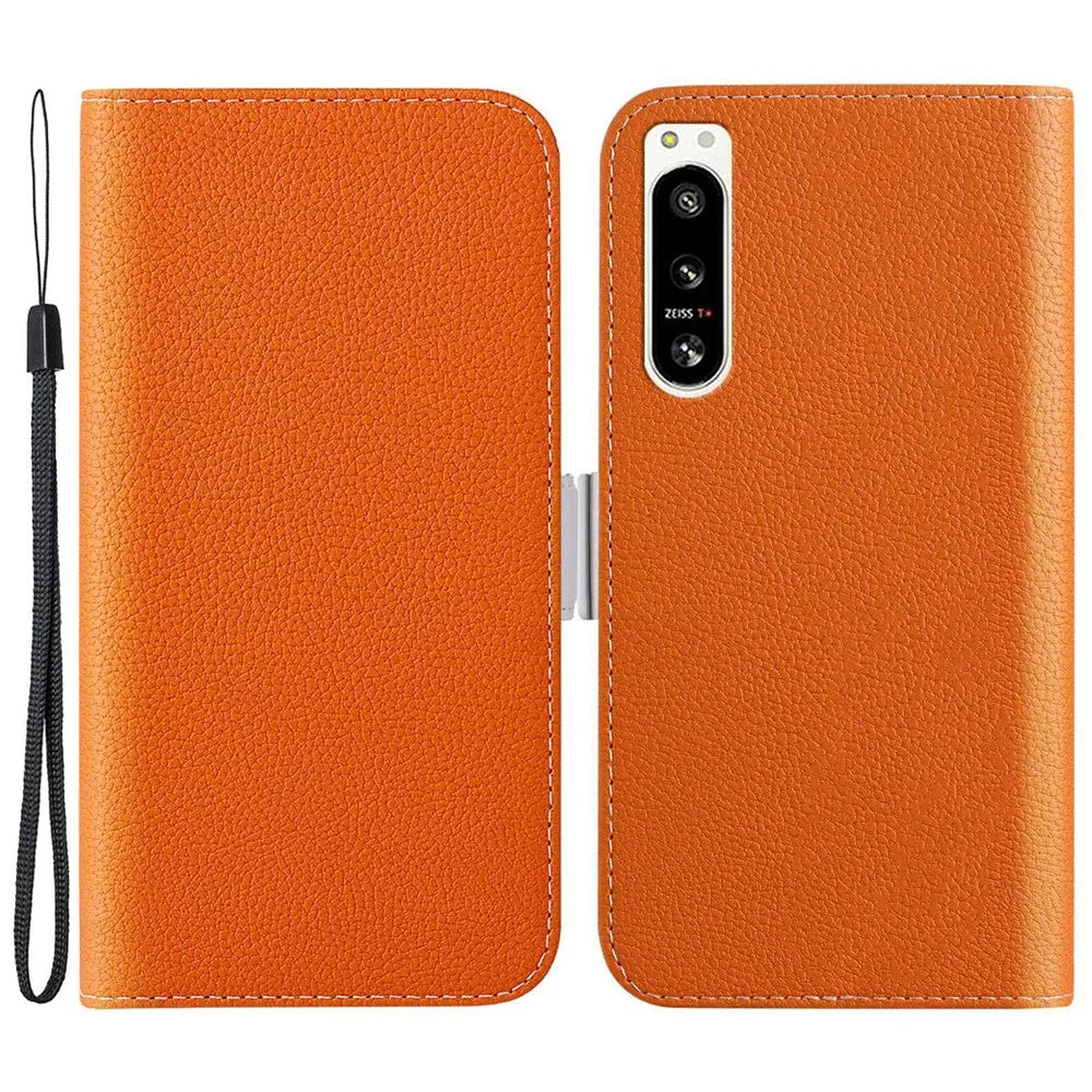 For Sony Xperia 5 IV 5G Cell Phone Cover PU Leather+TPU Litchi Texture Phone Stand Anti-fingerprint Dustproof Wallet Case - Orange - 1