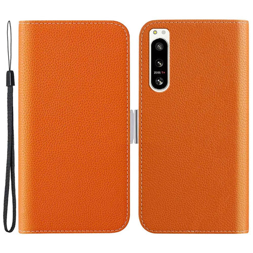 For Sony Xperia 5 IV 5G Cell Phone Cover PU Leather+TPU Litchi Texture Phone Stand Anti-fingerprint Dustproof Wallet Case - Orange - 1