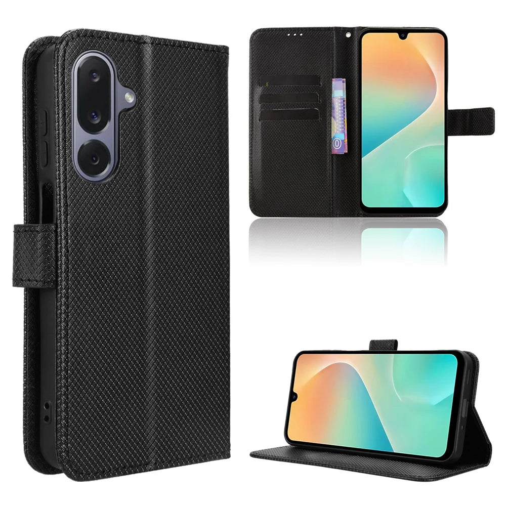 For Samsung Galaxy M36 5G Leather Wallet Case with Strap Diamond Texture Phone Cover - Black - 1