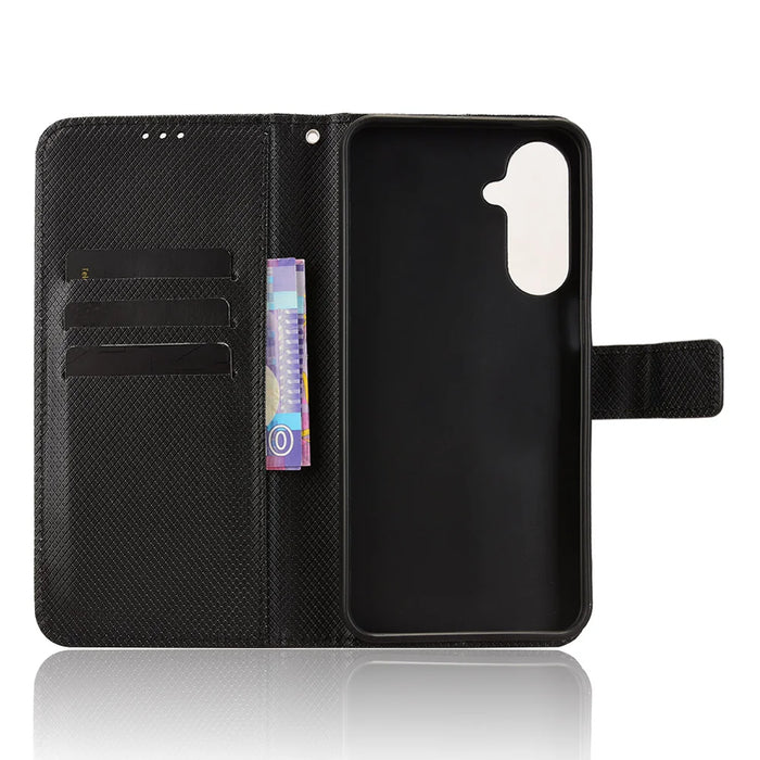 For Samsung Galaxy M36 5G Leather Wallet Case with Strap Diamond Texture Phone Cover - Black - 5