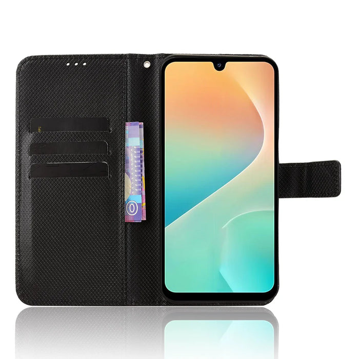 For Samsung Galaxy M36 5G Leather Wallet Case with Strap Diamond Texture Phone Cover - Black - 6