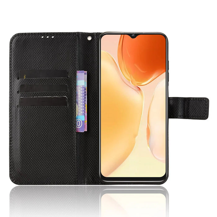 For Oukitel C1 Pro / Oukitel C1 Leather Wallet Case with Strap Diamond Texture Phone Cover - Black - 6
