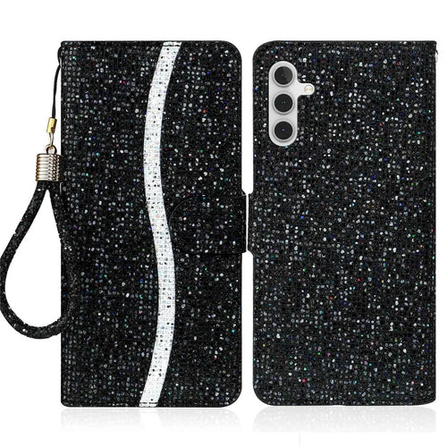 For Samsung Galaxy A14 5G / 4G Phone Case Glittery Powder PU Leather Foldable Stand Wallet Style Flip Shell with Wrist Strap - Black - 1