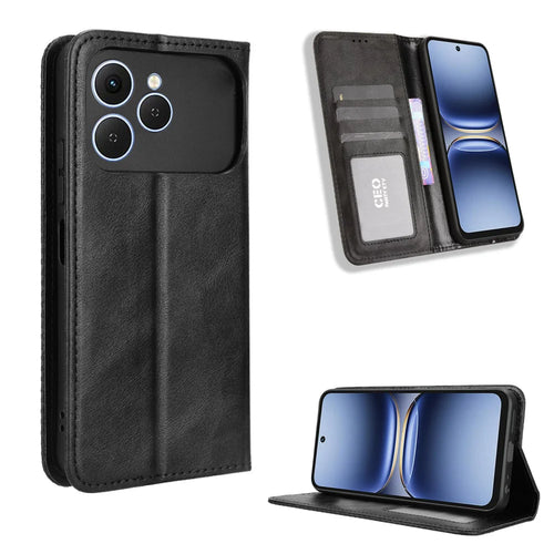 For TECNO Spark 40 4G Leather Case Wallet Stand Retro Texture Phone Cover - Black - 1